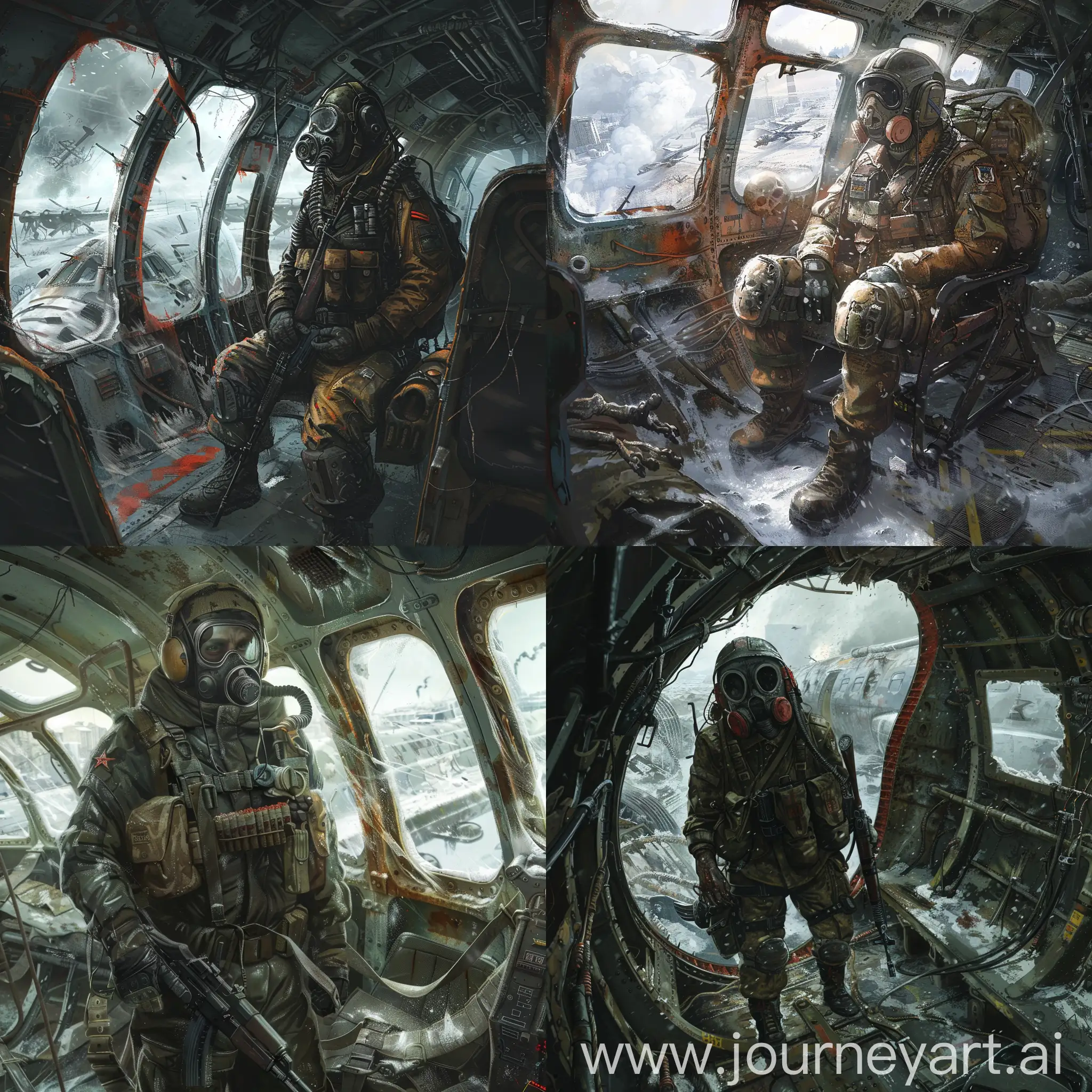 Make Metro 2033 art, Stalker in a gas mask, in a TSh-4 tank headset, in an old Soviet uniform with pouches on his body and belts, boots on his feet, with a small backpack on his back, with a Mosin sniper rifle in his hands, stalker stands with a tense and fighting pose inside the destroyed plane, through the windows of the plane you can see snow-covered and destroyed post-apocalyptic Moscow, on the seats of the destroyed plane where the stalker is located, you can see the burnt corpses of skeletons in burnt clothes in places.
