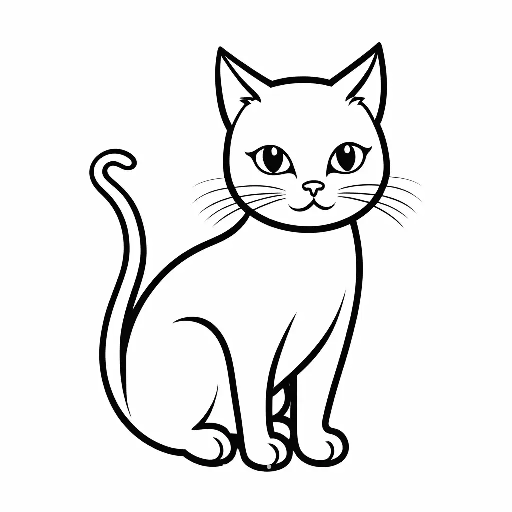 simple coloring page for kids , a cat, Coloring Page, black and white, line art, white background, Simplicity, Ample White Space