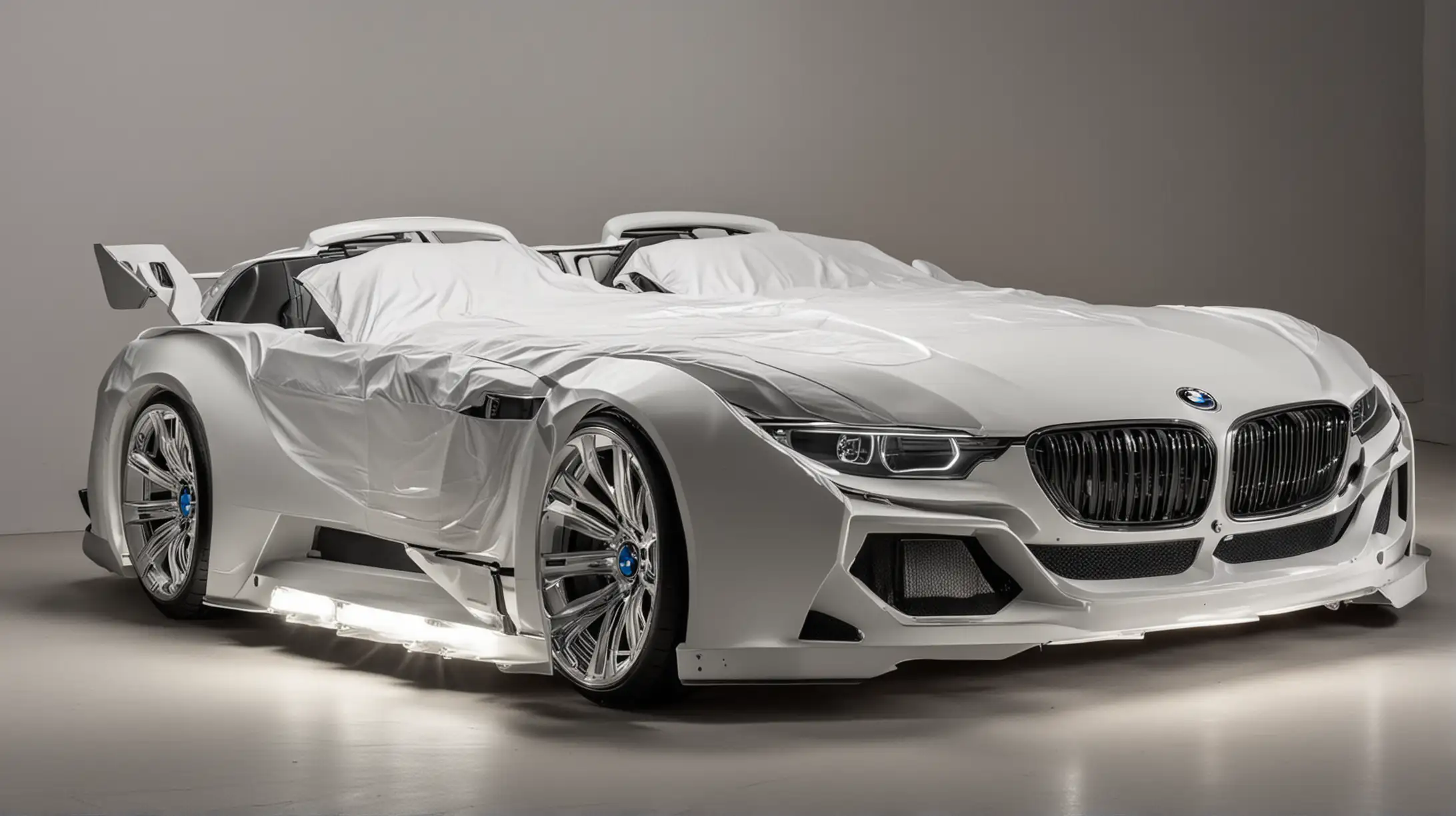 Luxurious Double Bed Shaped Like a BMW Car with Glowing Headlights