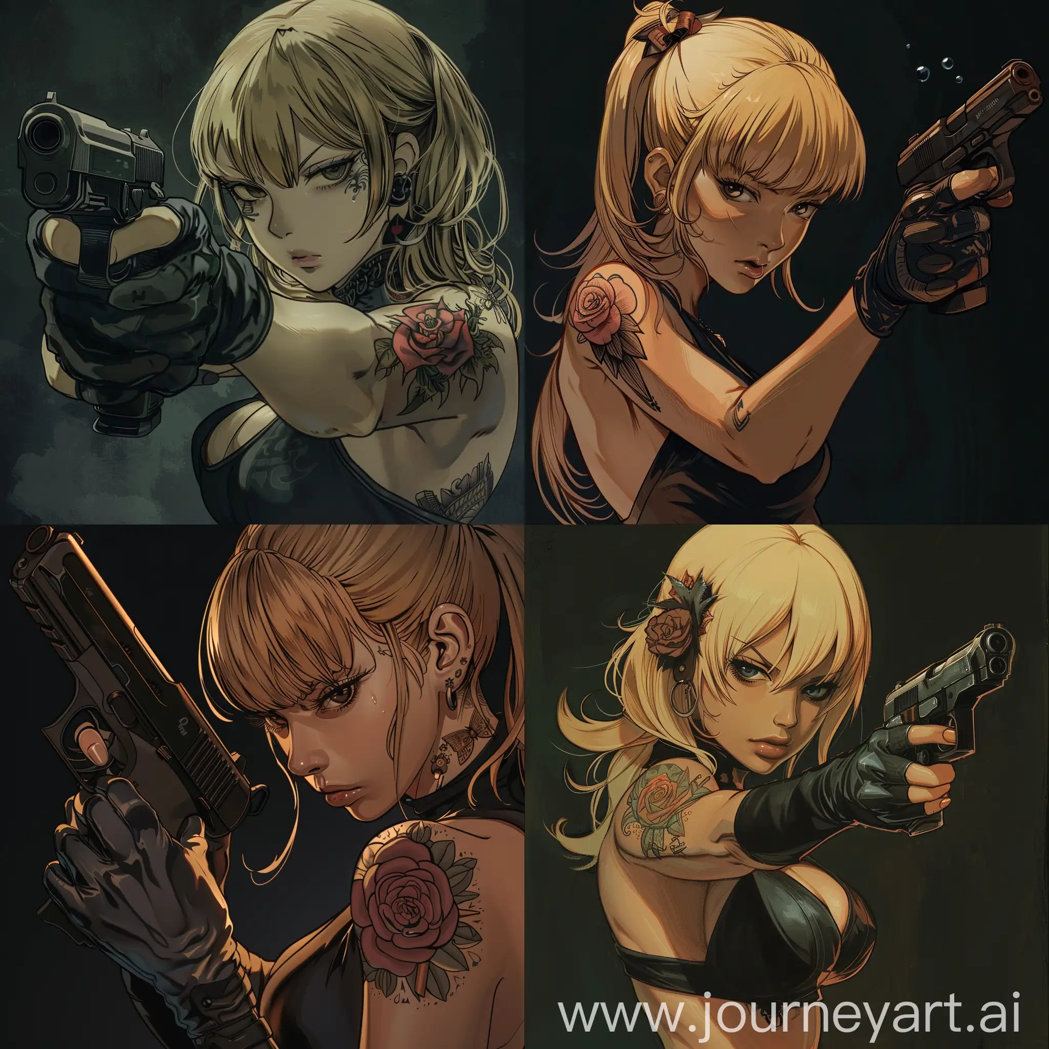 Girl, Retro Anime, Blonde, Black lagoon, 2000s anime style, wearing gloves, she holds the gun with one hand, gun barrel is pointing downwards, tattoo on the shoulder, dark tones, 
