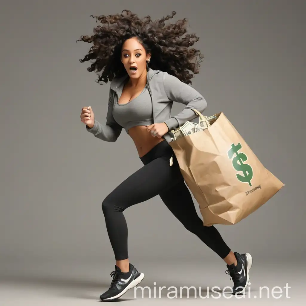 Natalie Nunn running facing sideways holding a bag of money