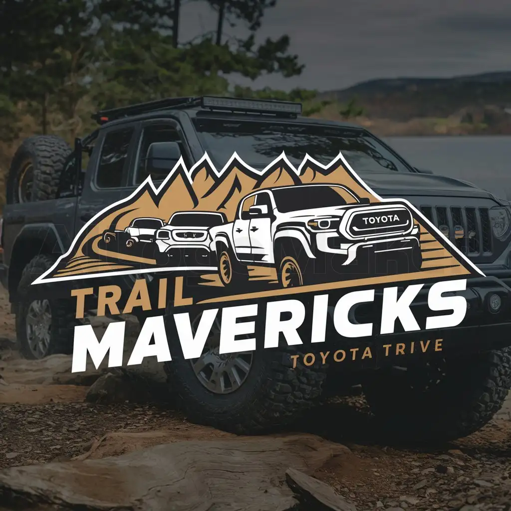 a logo design,with the text "Trail Mavericks", main symbol:four wheel drive off roading, camping, toyota trucks, jeeps, nature and wood, lake,complex,be used in Automotive industry,clear background