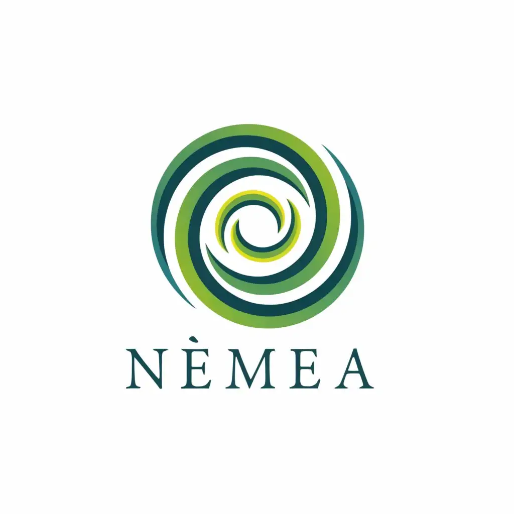 a logo design,with the text "Némée", main symbol:Spiral movement
Nature, undulation, energy
Colors shades of Green and blue
,Moderate,clear background
curling fern and nature