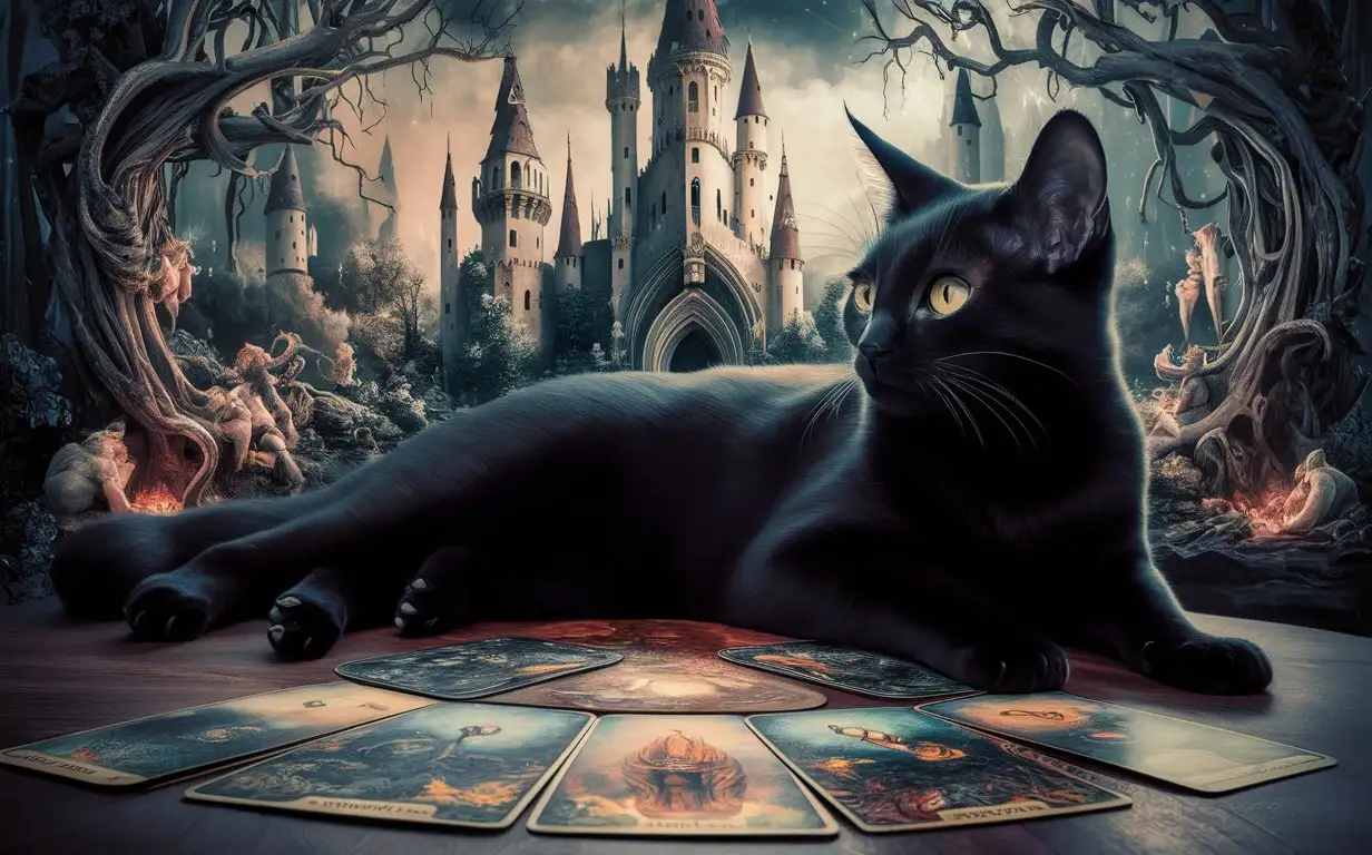 Black-Cat-with-Tarot-Cards-in-Enchanting-Gothic-Nature-Setting