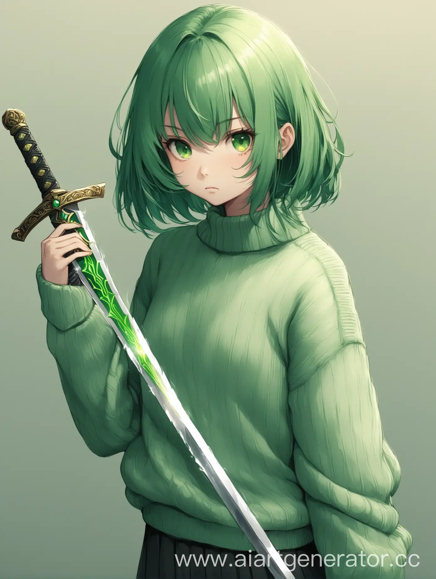A girl with green hair and a sweater with a sword