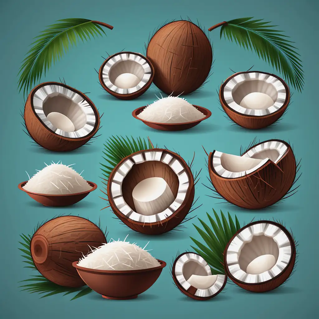 flat design, hyper realistic, Culinary Presentation of Coconut Products