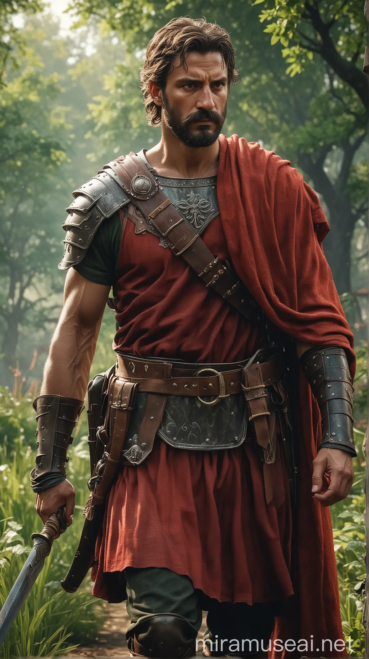 A fierce medieval roman warrior dressed in red roman battle attire, carrying his sword to the front,  strong eyes, walking in green area, short light beard and mustache, digital painting, atmospheric mood, dramatic light, fine detailed scene, visible feature, ultra hd, realistic, vivid colors, highly detailed, UHD drawing, pen and ink, perfect composition, beautiful detailed intricate insanely detailed octane render trending on artstation, 8k artistic photography, photorealistic concept art, soft natural volumetric cinematic perfect light