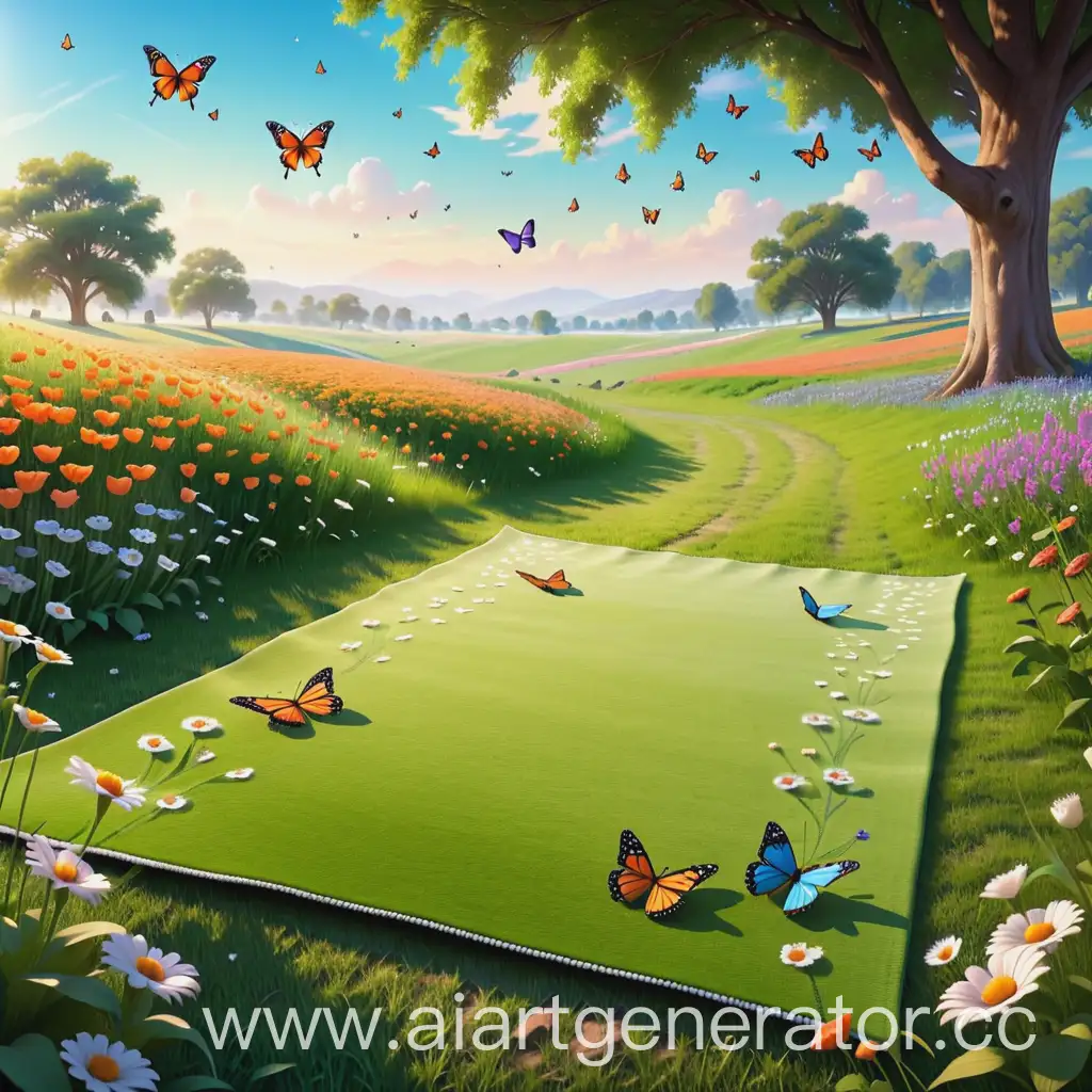 Sunny-Meadow-Carpet-with-Fluttering-Butterflies-and-Birds