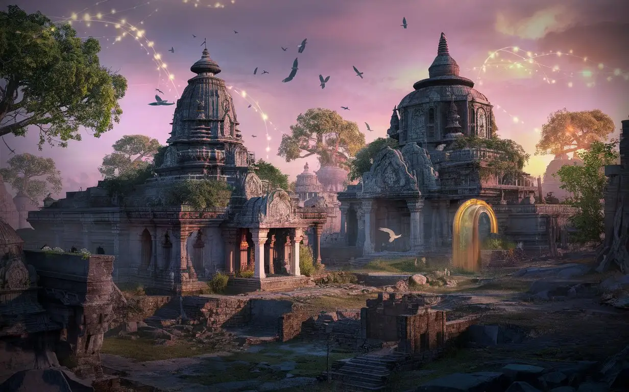A cinematic view of futuristic yet ancient Indian town, doomed temples, banyan trees, in pink and yellow shades, fairy-tale light, birds flying above, a dream-like visions
