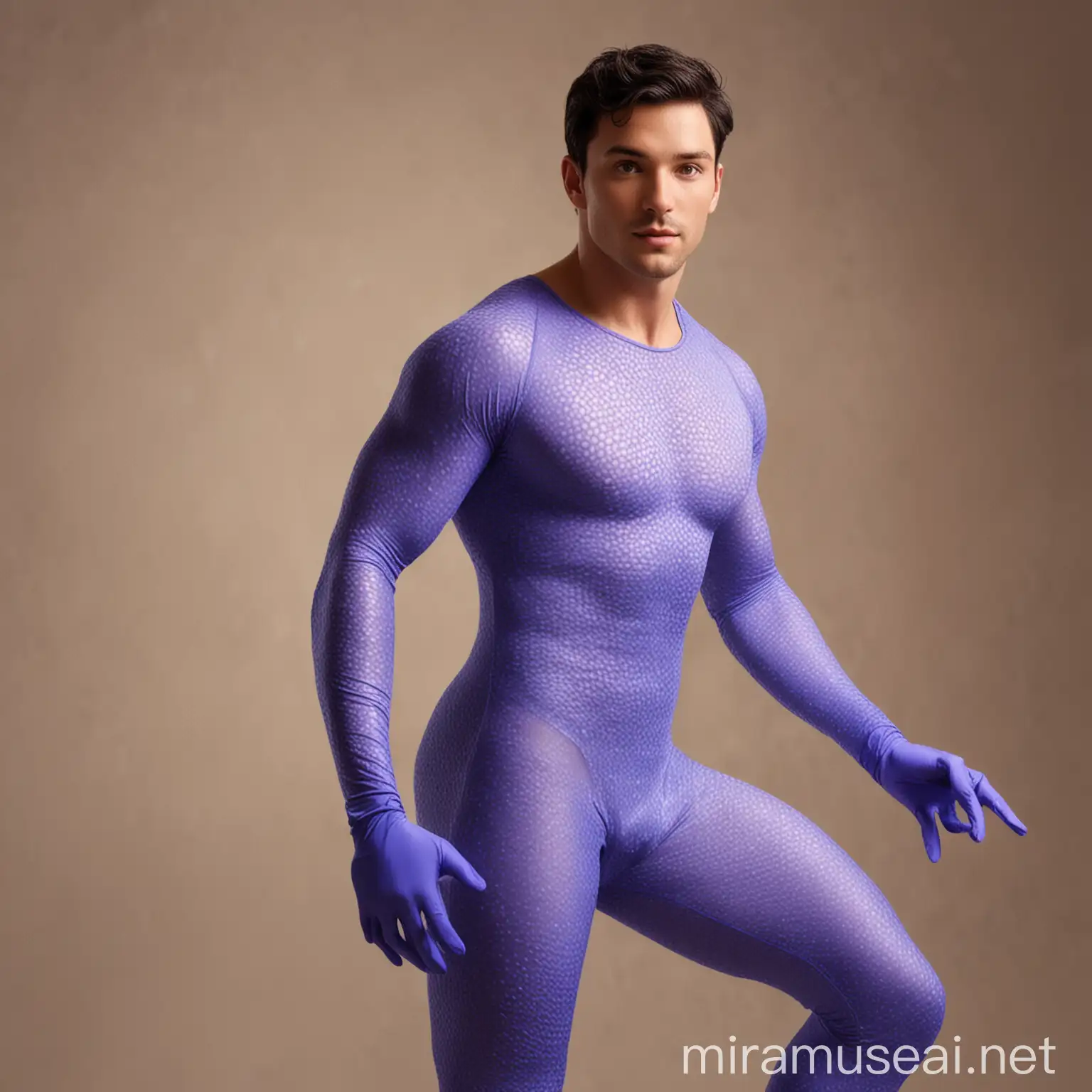 Handsome fit 27 year old American man, with short black hair; hazel eyes, pointed nose; wearing bright periwinkle hero spandex bodysuit with little honeycomb pattern; and gloves with silk shooters; swinging in silk wines. PIXAR STYLE ART.