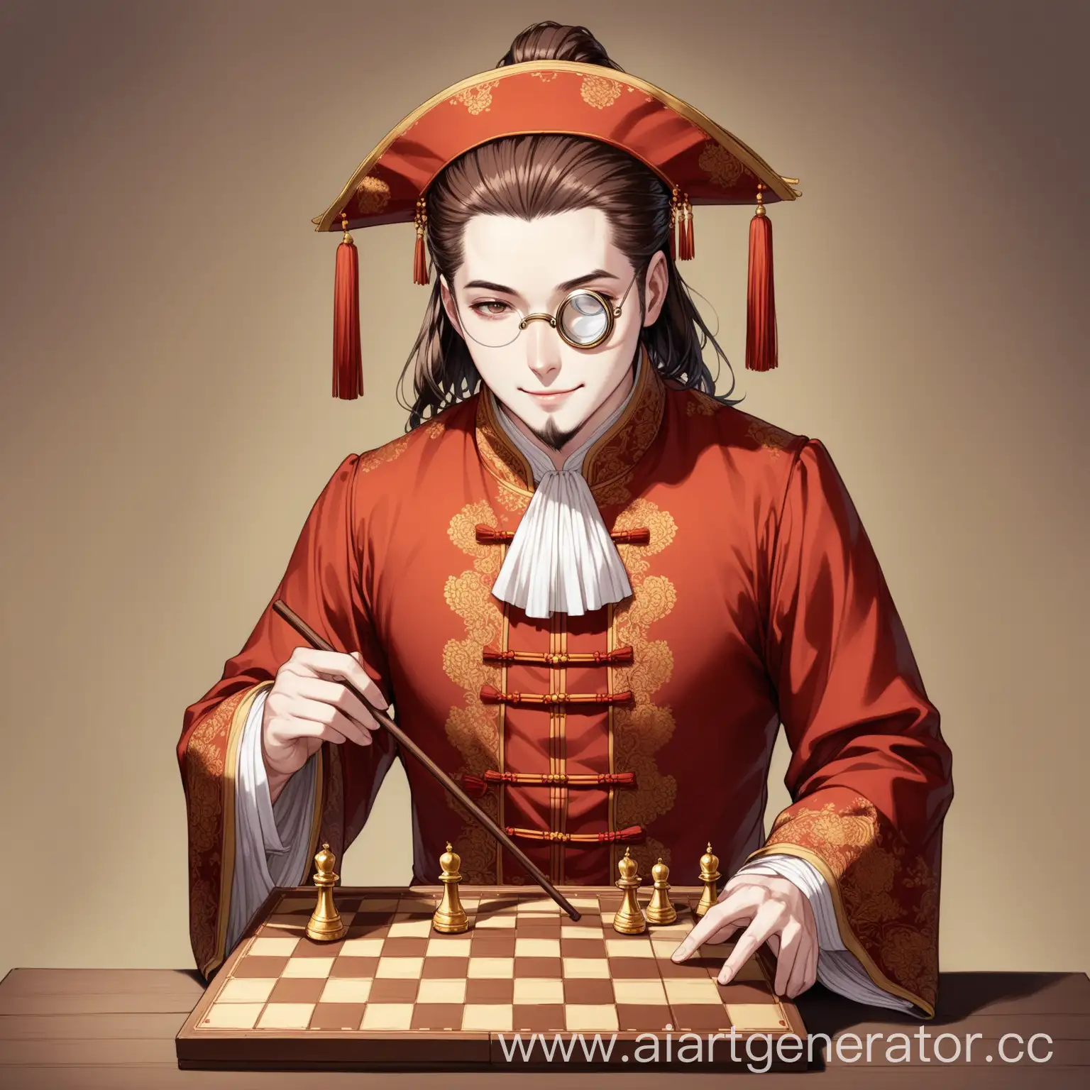 Mysterious-Gentleman-in-18th-Century-Chinese-Attire-with-Chessboard-and-Unusual-Cane