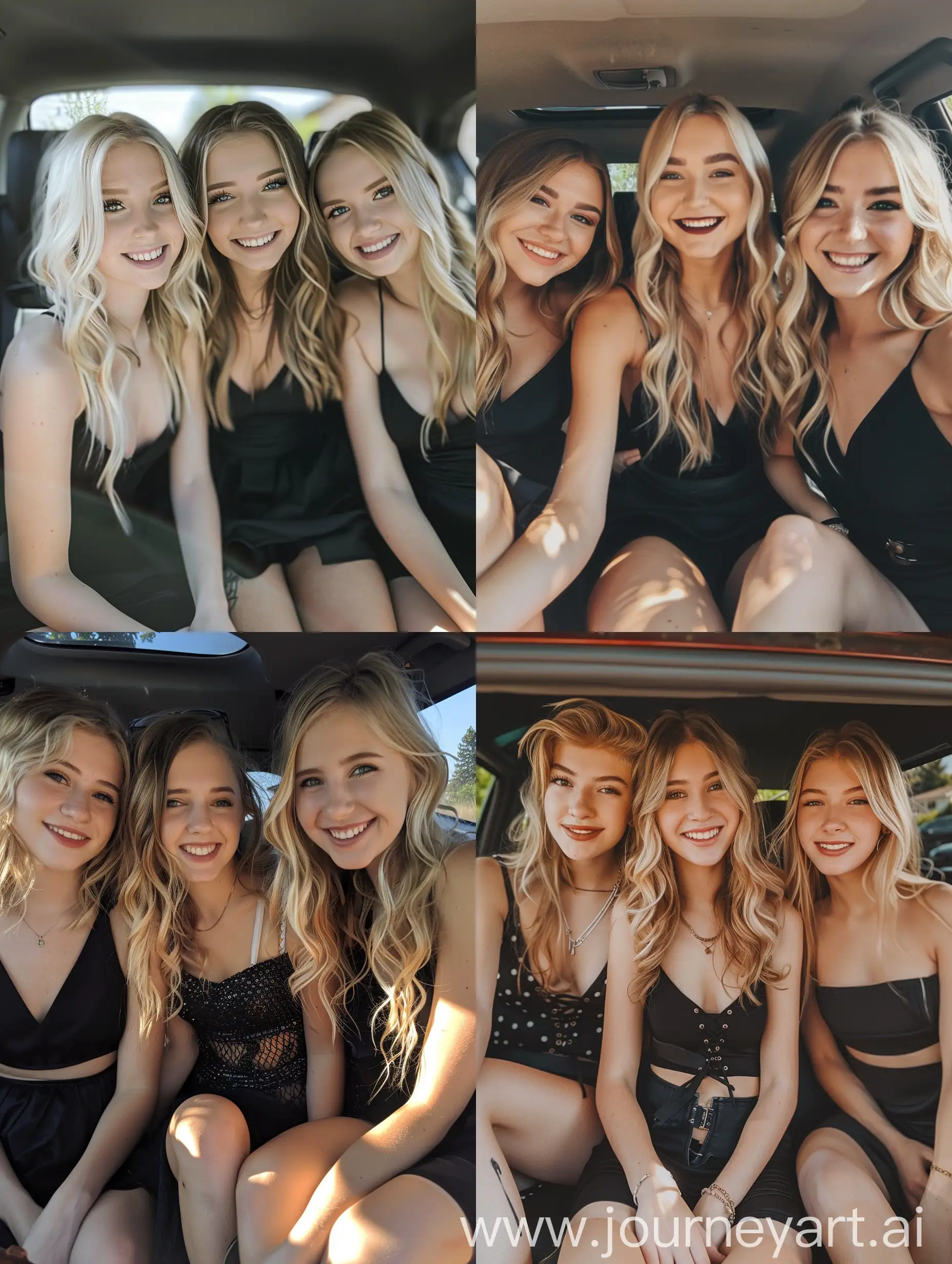 3 girls, 22 years old, blonde hair, , black dress, smilling, , makeup,  inside car, , no effects, no filters, , , natural , iphone photo natural, fat legs, raised knee