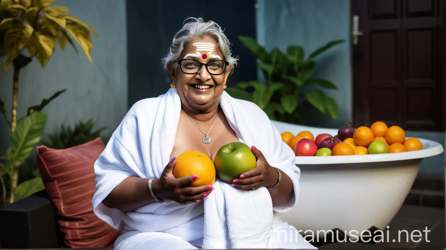  a mature fat indian  woman with 67 years old age wearing a Prescription Eyeglasses on face with curvy body wearing a neon white wet bath towel with full make up ,open hair style, holding a fruit  bowl , sitting on a sofa near a garden court yard , she is happy and smiling, near her a fat miking cow is standing, its evening and a lot of lights are there 