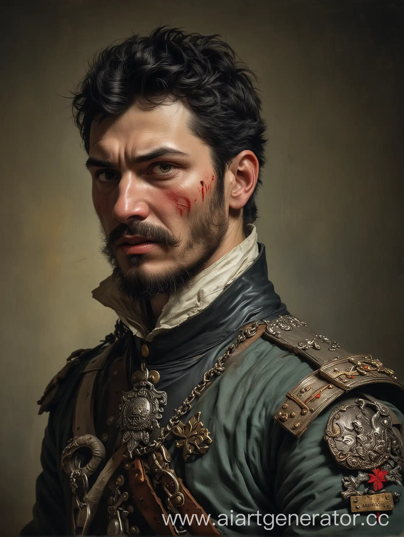 An officer of the Russian Guard of 1780 returns to his native state wounded. Black-haired, with a beard, with a bandaged hand on his neck with a pendant - a metal wolf fang