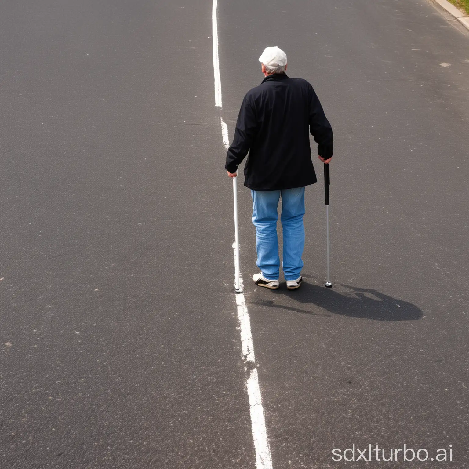 blind person white cane road man white person
