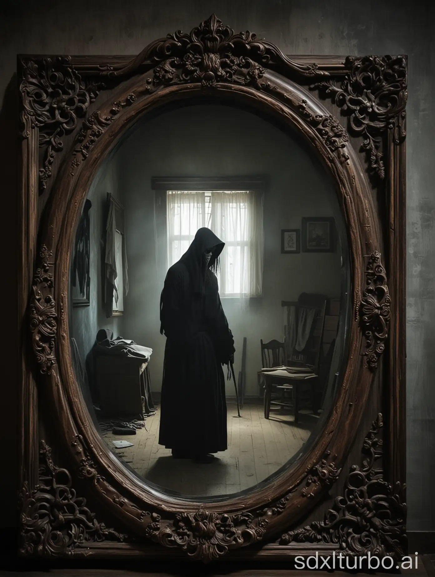 The eerie and mysterious atmosphere of the Korean Grim Reaper reflected in the mirror
