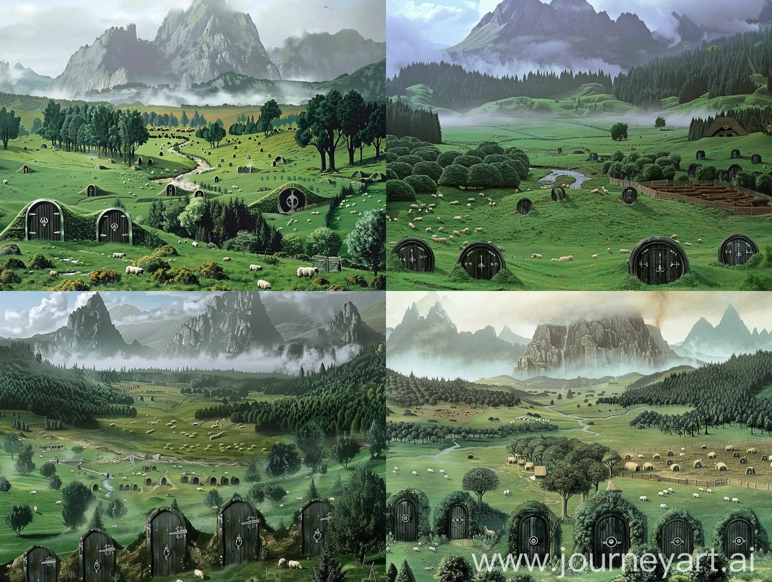 dvd screenshot of 1987 Dark Souls fantasy film Illustrated. In a large green field, with a wide variety of trees, at various elevations in the fields, dens with dark oak doors in detail, with silver handles. Some plantations in the fields, and streams. Pens full of sheep and pigs on the other side of the field. In the background large mountains with large peaks covered by clouds. Foggy weather.
