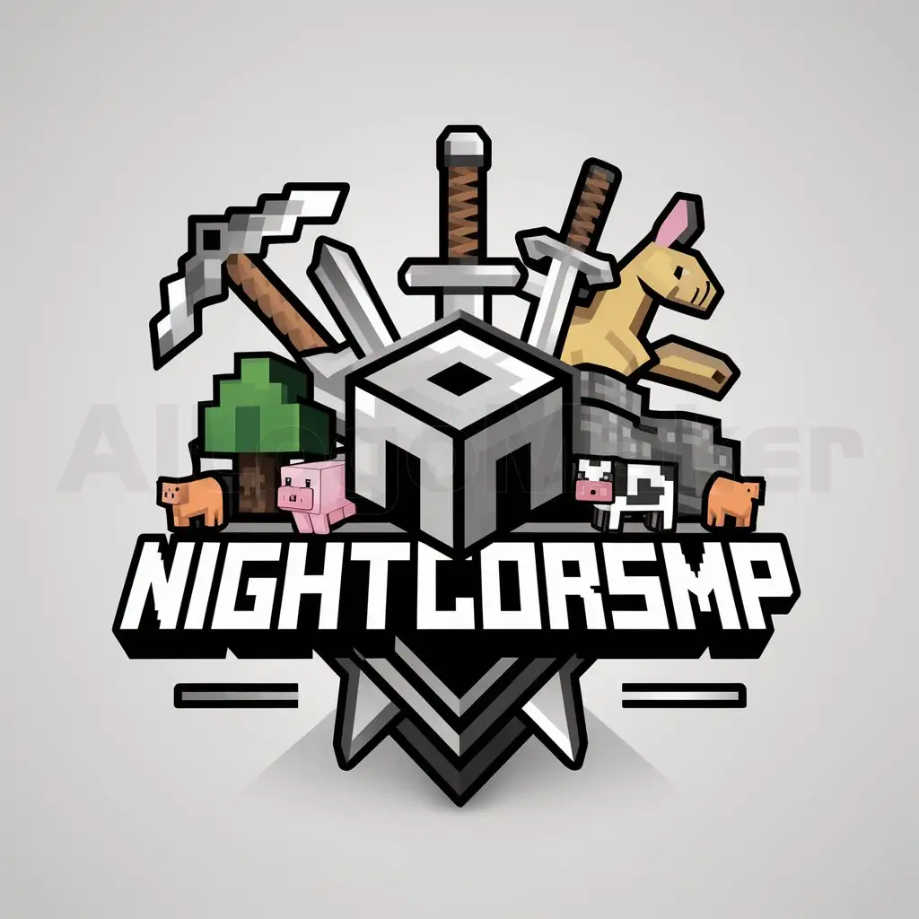 a logo design,with the text "NightCoreSmp", main symbol:Minecraft, tree, obsidian block, pig, cow, bat, bunny, pickaxe, sword,Moderate,be used in Minecraft industry,clear background