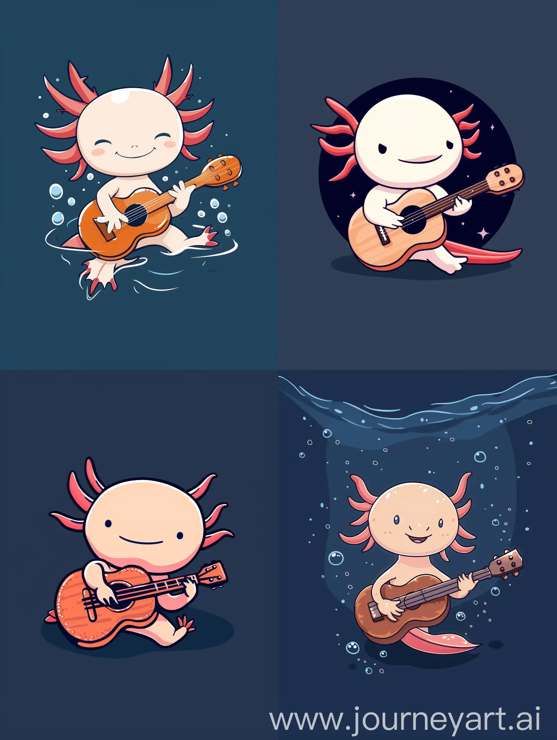 thin line style chibi cute Axolotl playing guitar, with solid dark blue background, small object and center concentrated image, far view point