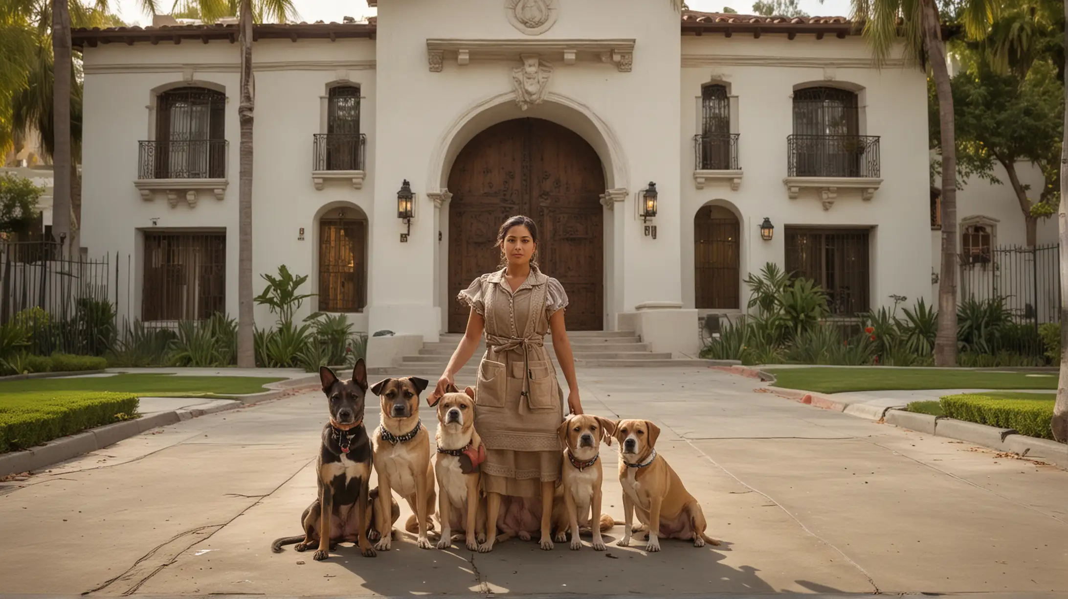 Young Mexican Housekeeper with Dogs Outside Hollywood Mansion