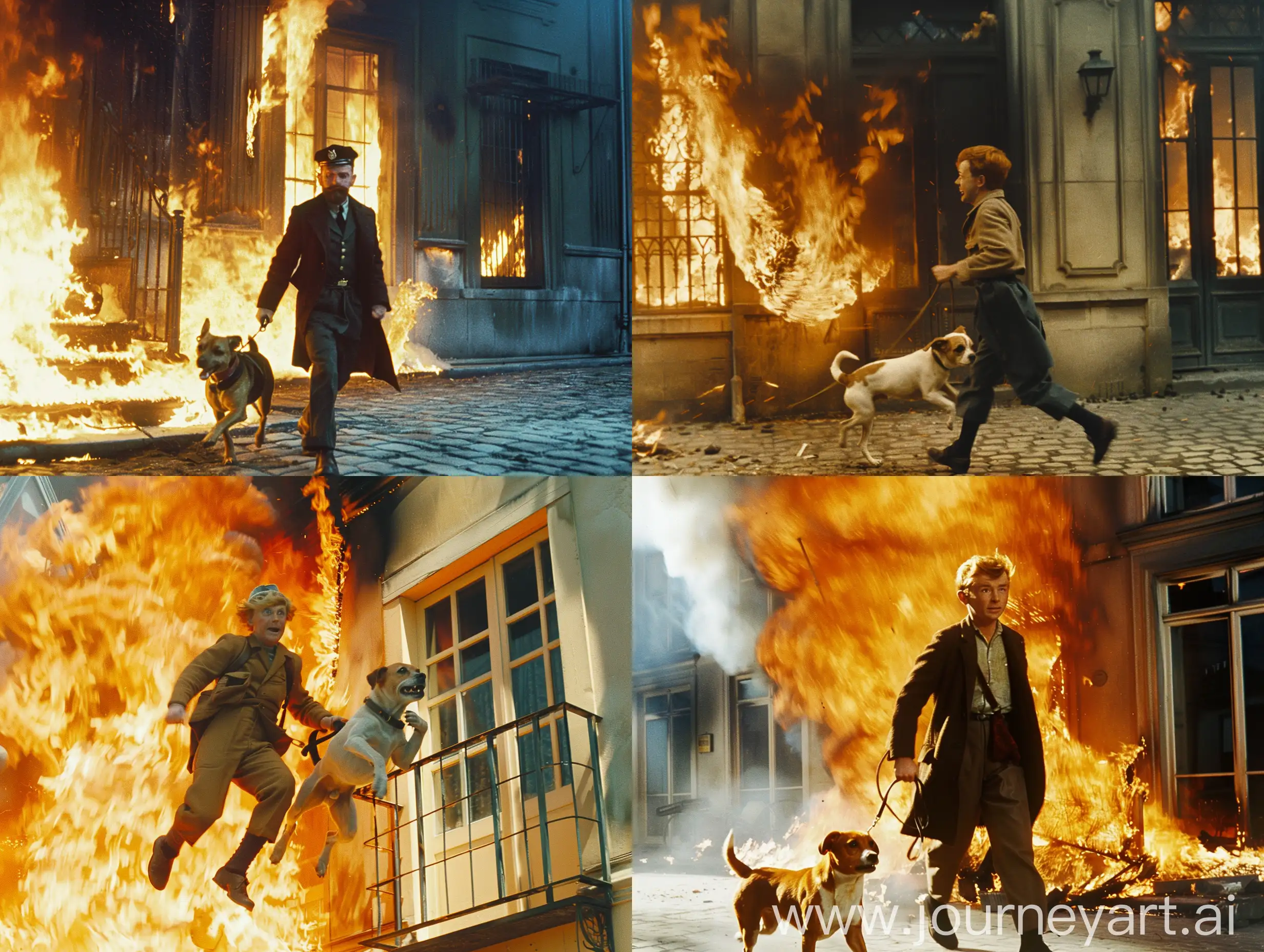 Tintin and his dog escaping from a burning building ,1950's superpanavision 70 ,colory image