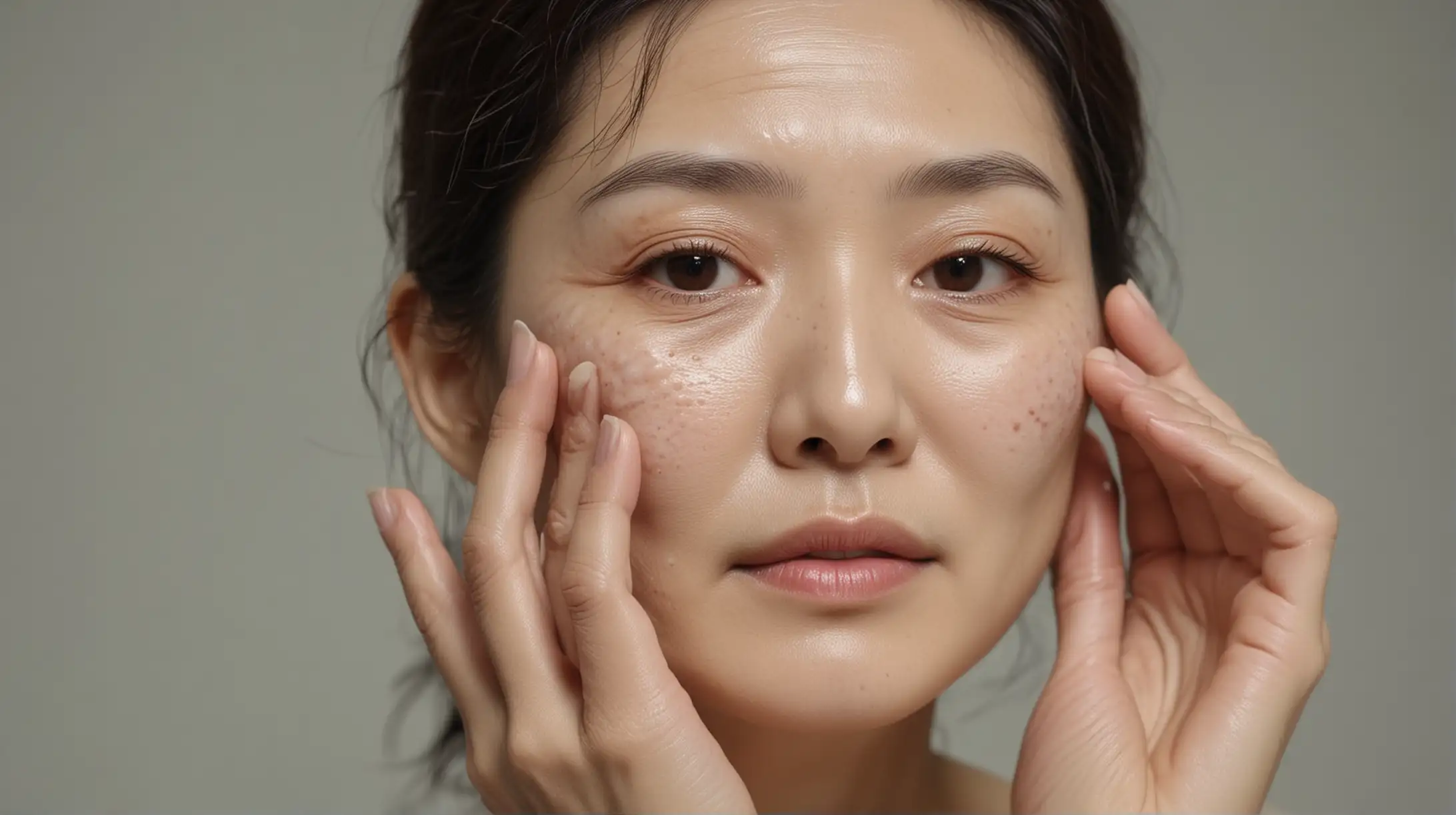 Korean old female healthy skin  use hand apply clear moisturizer to her face softly, look perfect skin, realistic skin 8k
