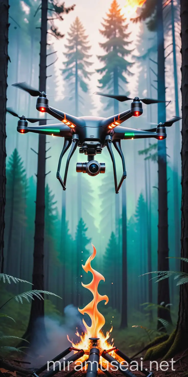 I want a poster of a drone that is on fire with a forest in the background