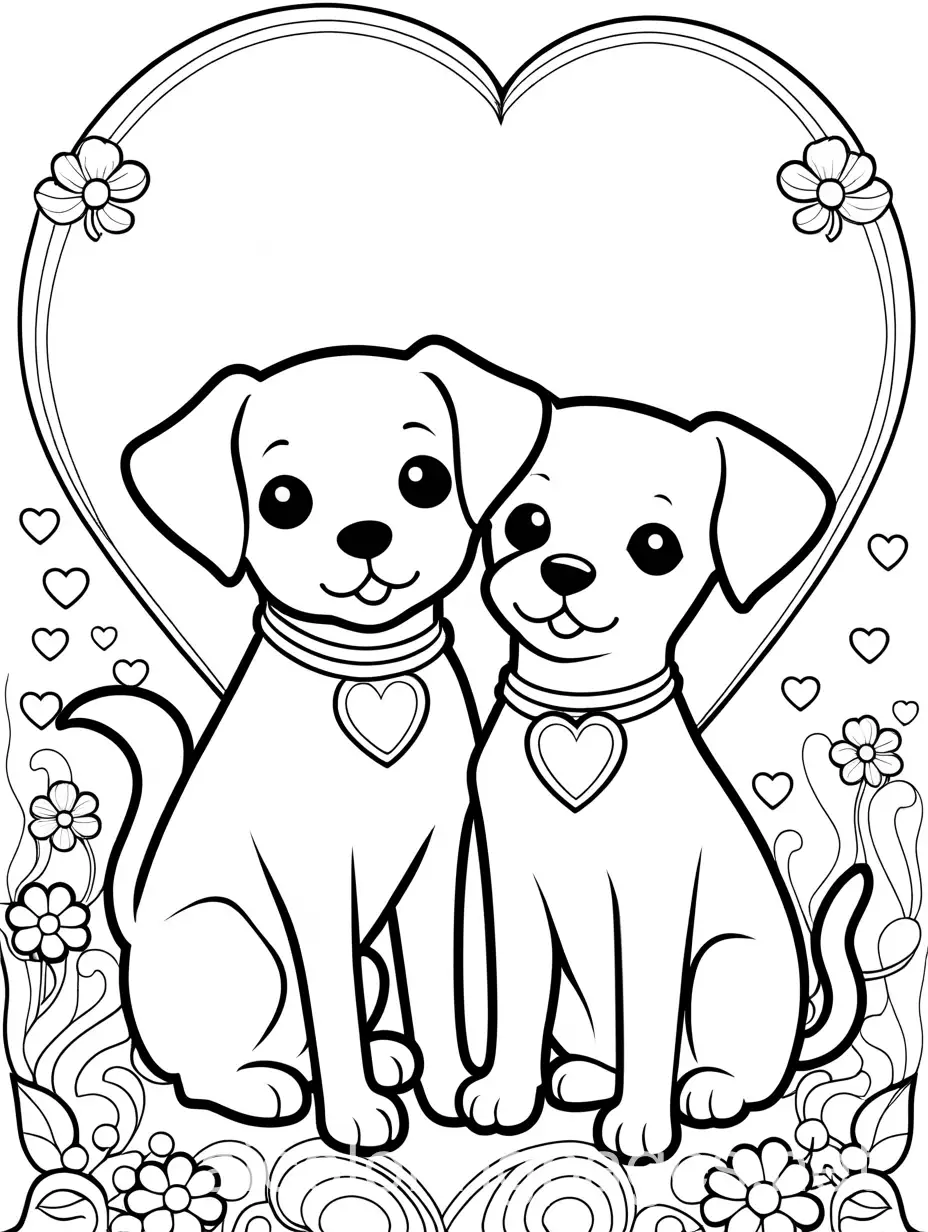 a cute dog and cat Valentine's Day coloring page with heart background, Coloring Page, black and white, line art, white background, Simplicity, Ample White Space. The background of the coloring page is plain white to make it easy for young children to color within the lines. The outlines of all the subjects are easy to distinguish, making it simple for kids to color without too much difficulty