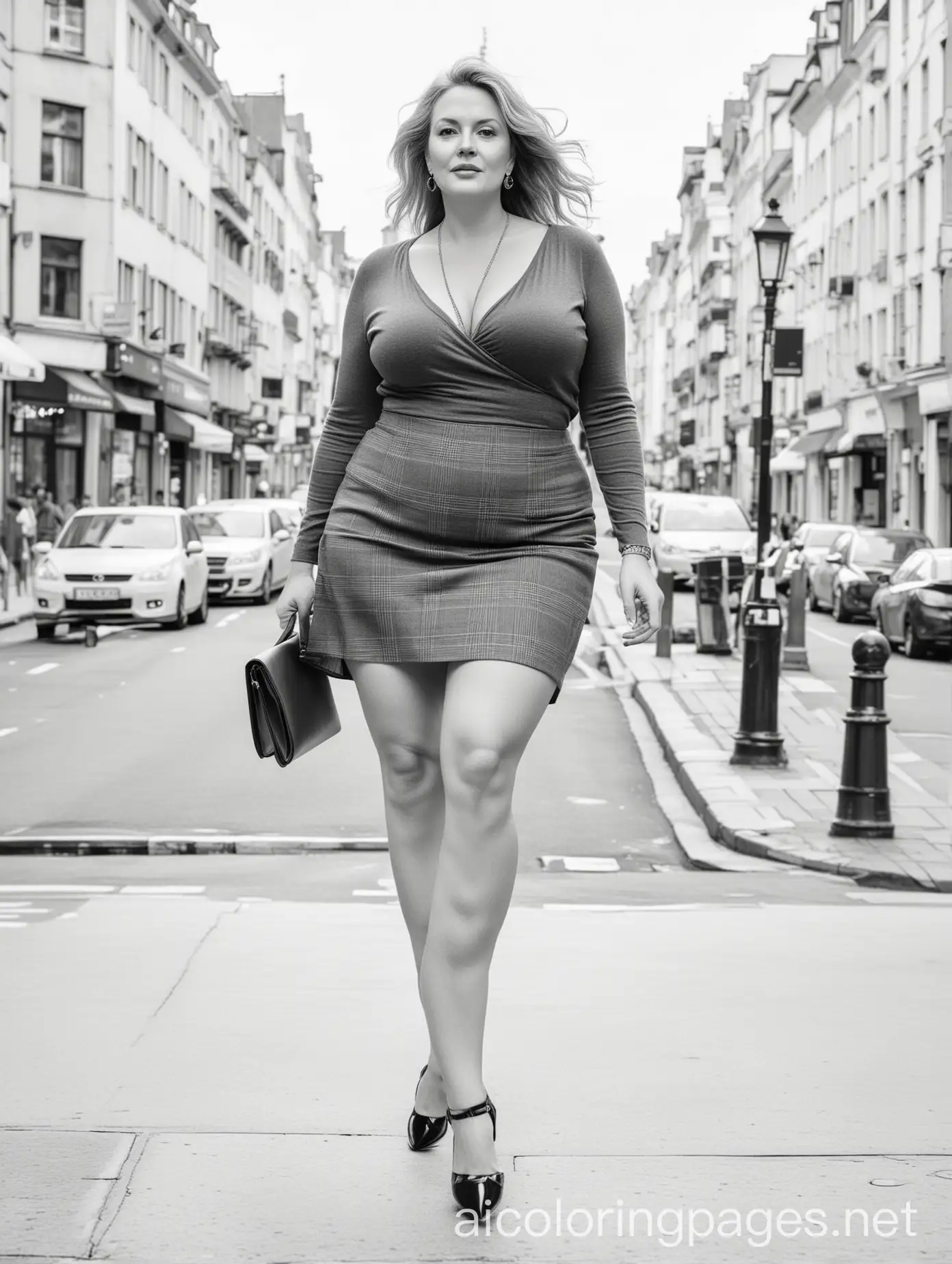 Curvy-Woman-in-Mini-Skirt-and-High-Heels-Walking-City-Streets-Coloring-Page-for-Adults