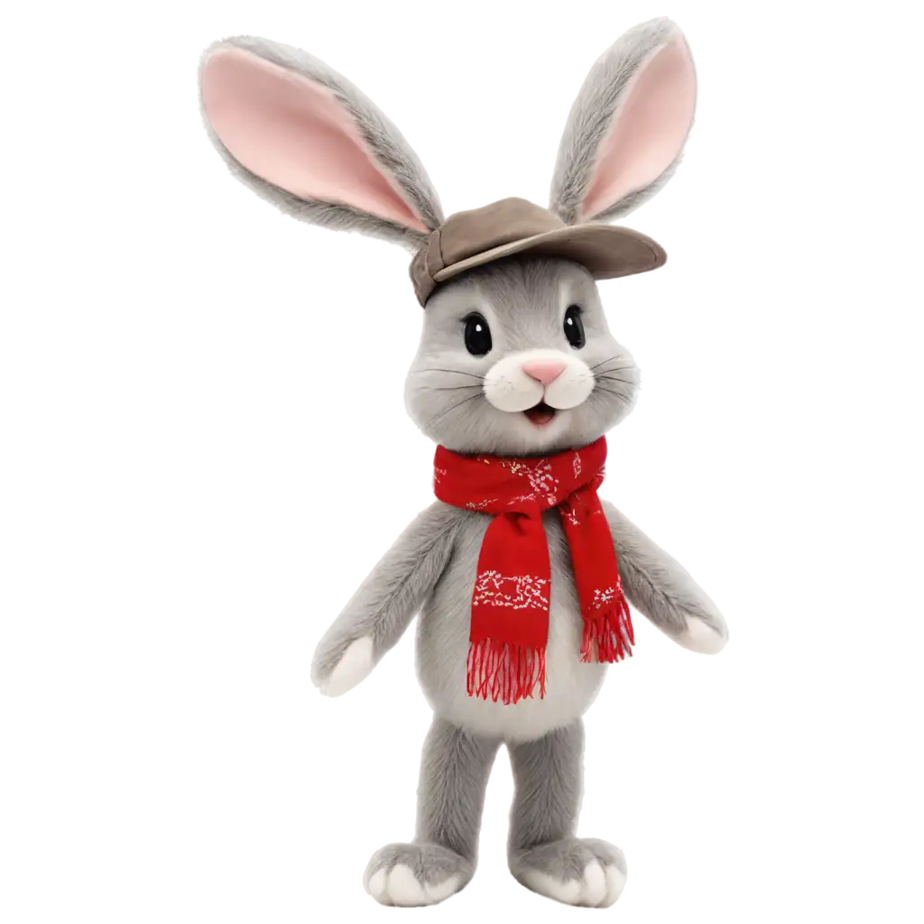 Create an image of a gray plush bunny with pronounced buck teeth. The bunny is wearing a beige cowboy hat and a red bandana. It should have an adorable appearance and be shown in full body, displaying its cotton tail. The bunny's expression should convey joy and happiness, with a long but not overly long plush texture.