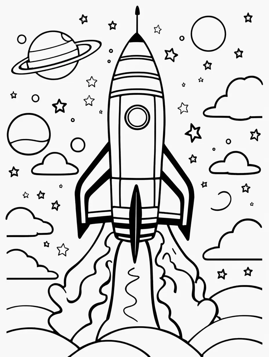 Adorable Rocketship Coloring Page for Kids High Contrast Design