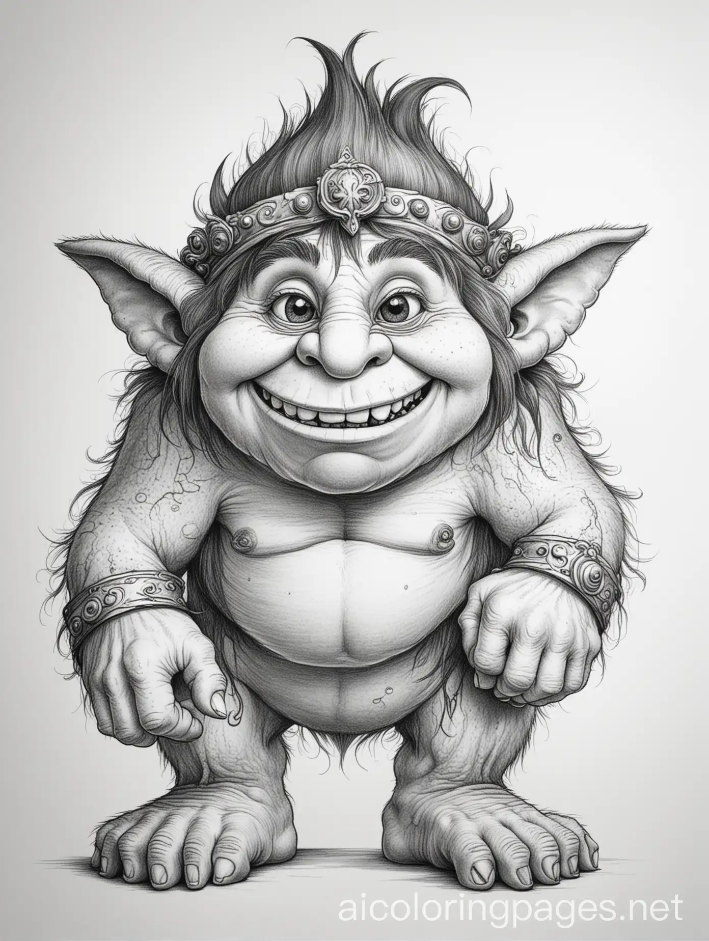 slobbery troll, Coloring Page, black and white, line art, white background, Simplicity, Ample White Space. The background of the coloring page is plain white to make it easy for young children to color within the lines. The outlines of all the subjects are easy to distinguish, making it simple for kids to color without too much difficulty