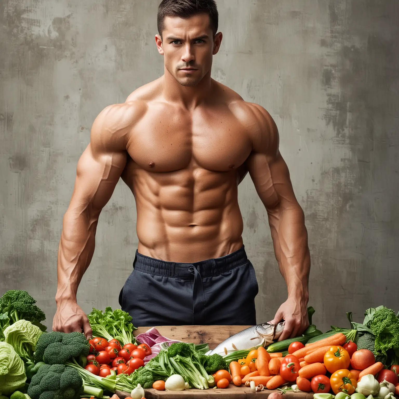 Warrior without shirt and has muscular abs currently cutting vegetables and fish
