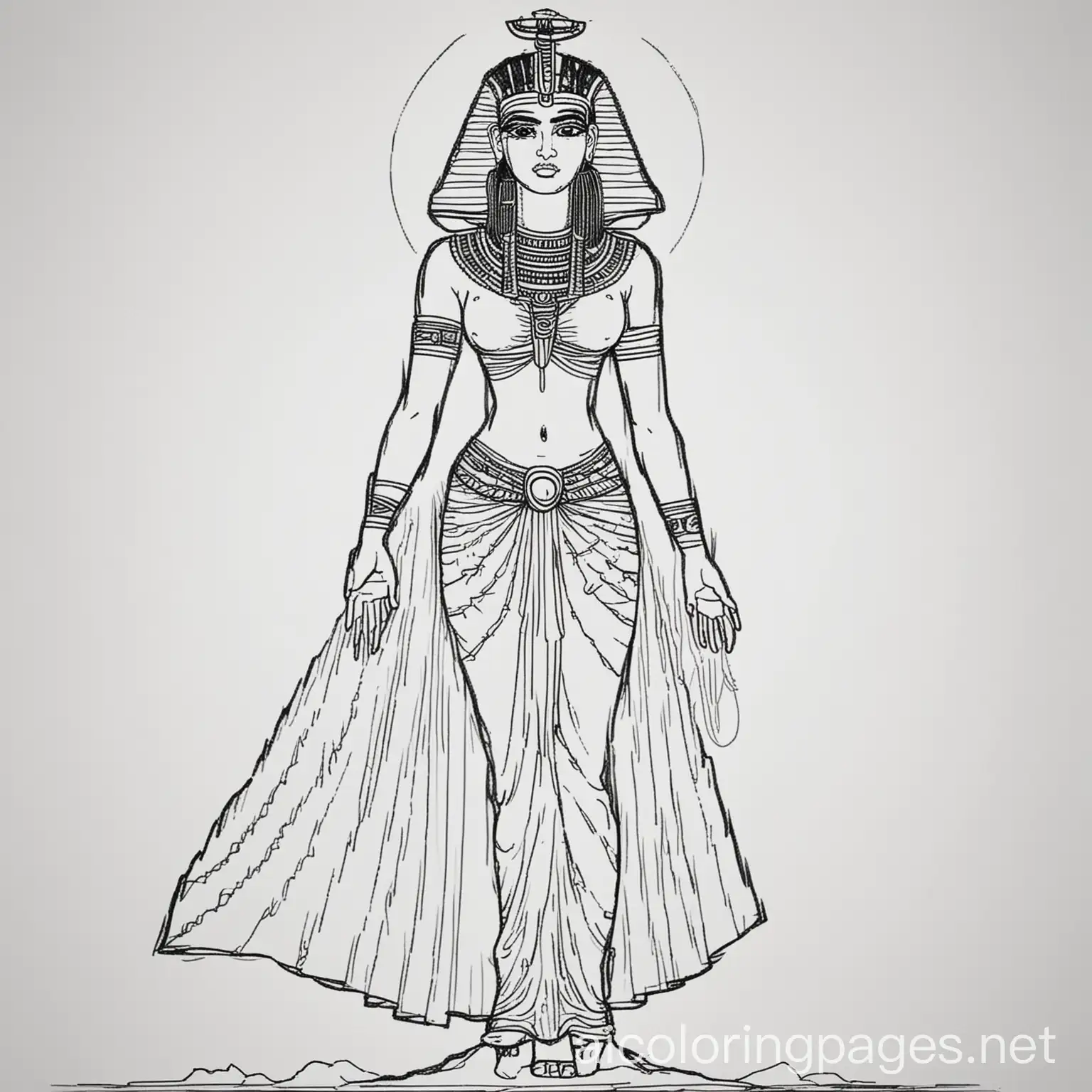 An outline of Isis the Egyptian goddess, Coloring Page, black and white, line art, white background, Simplicity, Ample White Space. The background of the coloring page is plain white to make it easy for young children to color within the lines. The outlines of all the subjects are easy to distinguish, making it simple for kids to color without too much difficulty