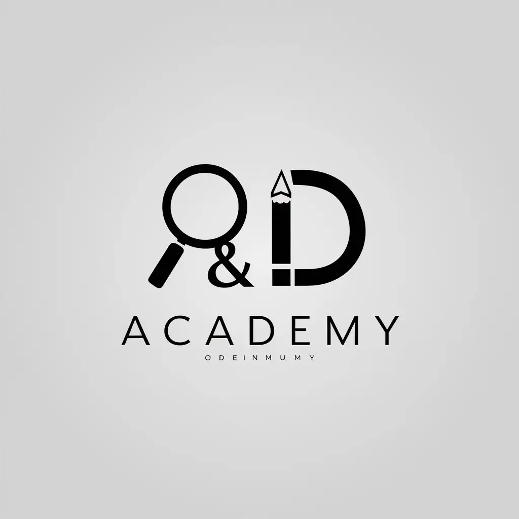 a logo design,with the text "R&D ACADEMY", main symbol:magnifying glass shaped R symbols and design D shaped pencil,Minimalistic,clear background