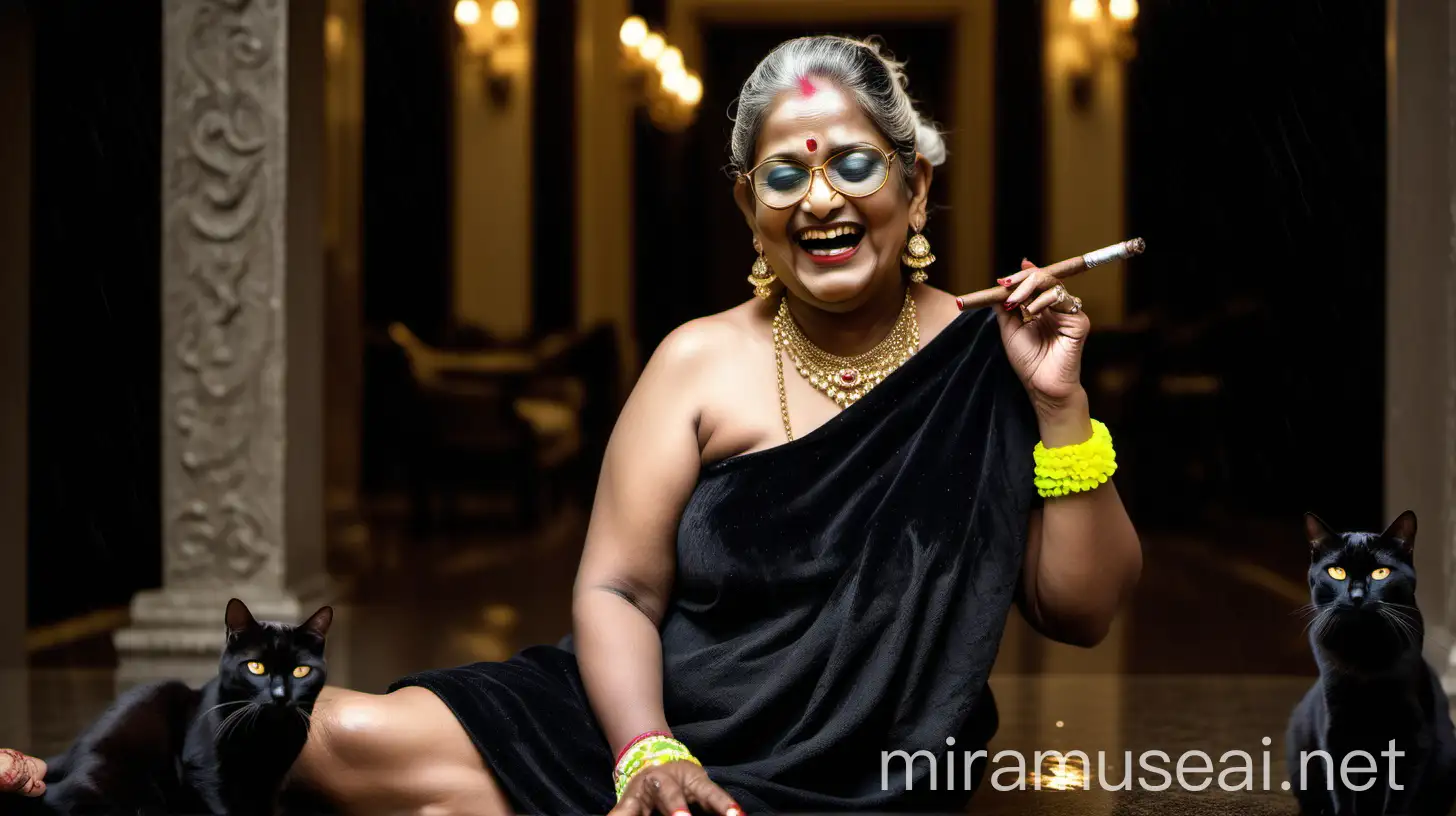 Laughing Mature Indian Woman Smoking Cigar in Luxurious Library During Heavy Rain