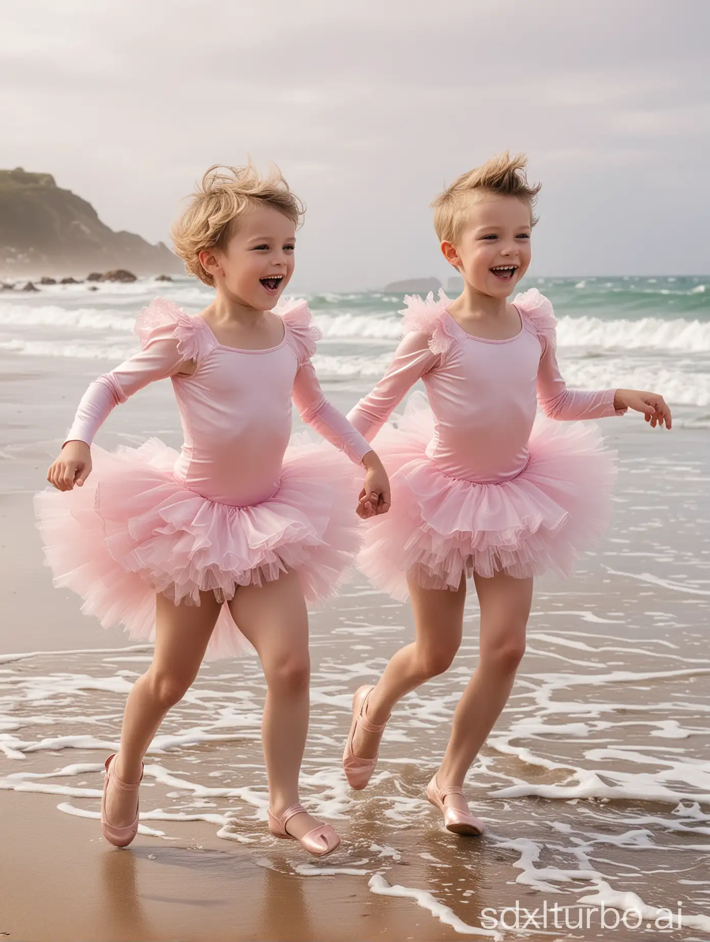 ((Gender role reversal))), photograph of two short-haired 8-year-old boys running excitedly along a beach shoreline in silky pink ballerina leotards with long frilly sleeves and frilly tutus, short smart hair in a quiff shaved on the sides, energetic
