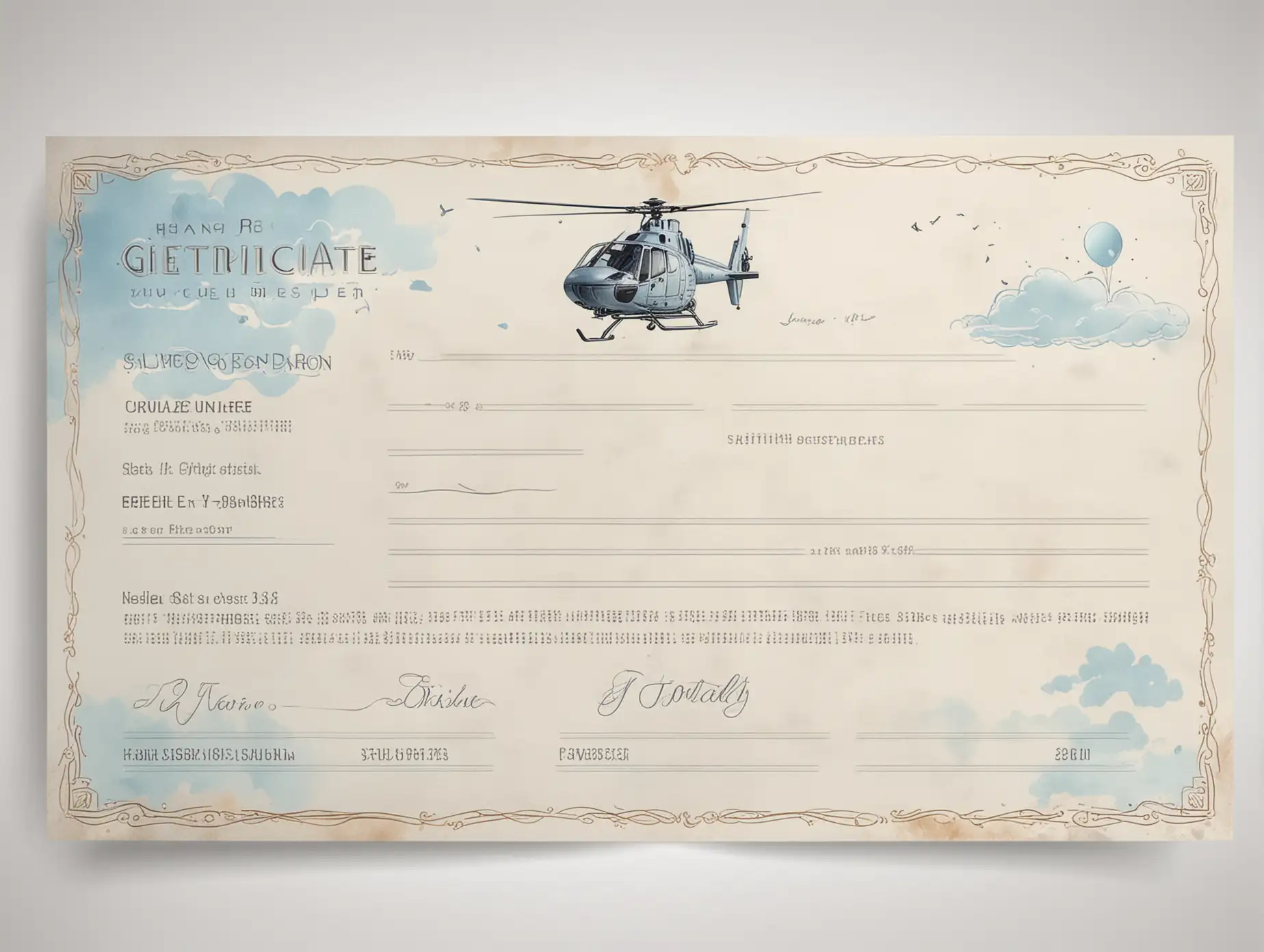 Дизайн подарочного сертификата с элементами вертолёта неба. Выполнен в светлых небесных нежных тонах. Без текста на белом фоне
