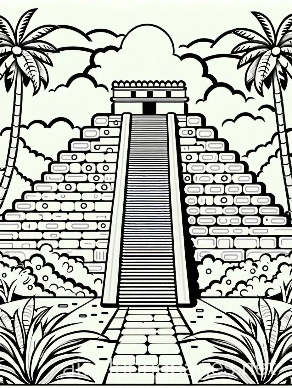 Chichen Itza, coloring book page, simple and clean line art, children's drawing book, black and white, crisp lines, cartoon style, white background, Simplicity, Ample White Space. The background of the coloring page is plain white to make it easy for young children to color within the lines. The outlines of all the subjects are easy to distinguish, making it simple for kids to color without too much difficulty, Coloring Page, black and white, line art, white background, Simplicity, Ample White Space. The background of the coloring page is plain white to make it easy for young children to color within the lines. The outlines of all the subjects are easy to distinguish, making it simple for kids to color without too much difficulty