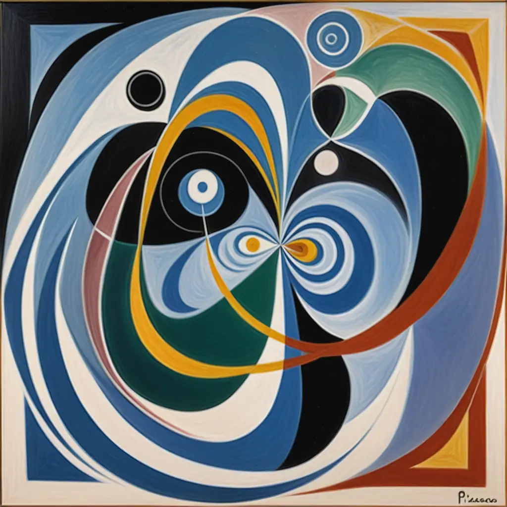 An abstract painting by Picasso of gravity waves and qubits emerging from the centre of the painting 