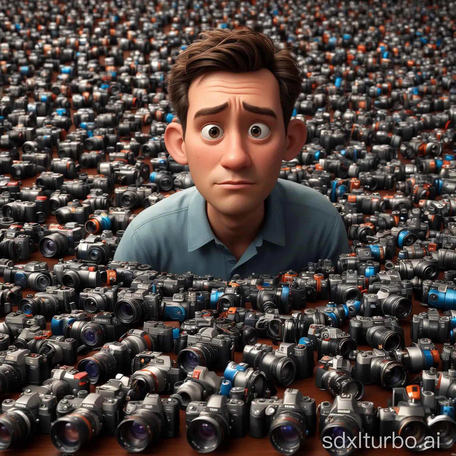 Disney Pixar movie poster, a male photographer, is thinking very seriously filled with cameras around him to decide which camera he will buy next, cinematic background, realistic 3D