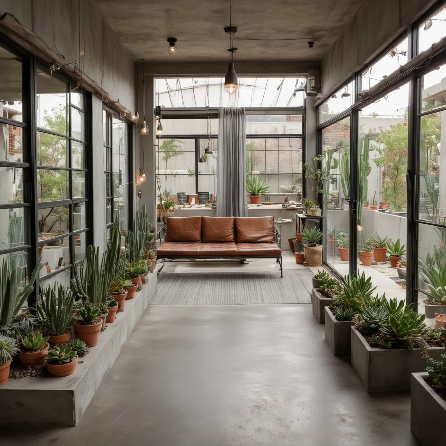 A wide shot of industrial balcony with concrete flooring and metal railings. The space is furnished with a metal bench with leather cushions, a reclaimed wood coffee table, and an industrial-style outdoor lamp. Potted succulents and cacti in concrete planters add greenery. Exposed bulb string lights hang overhead, and large sliding glass doors with sheer gray curtains provide access to the interior.