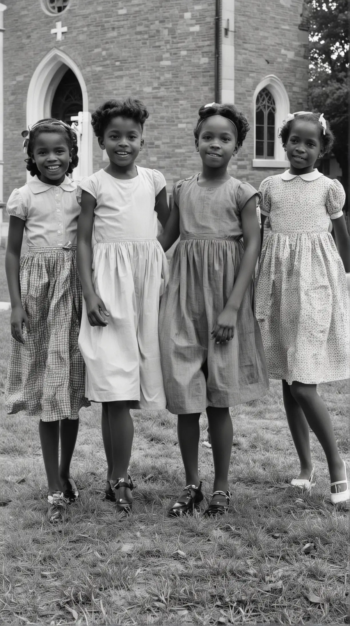 In 1950s, Four black little girls, ages seven, playing outside a church.