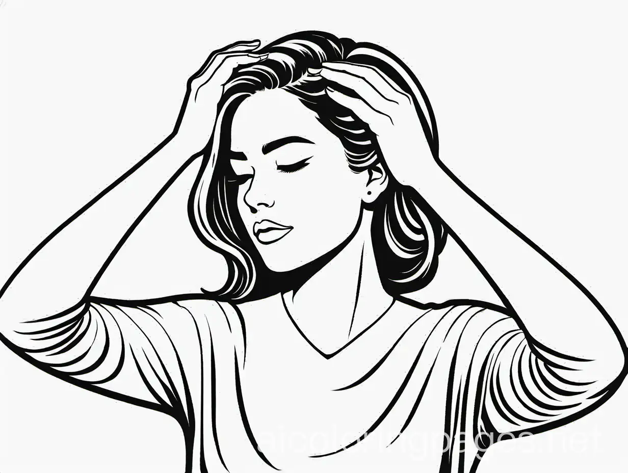 Portrait of a woman fixing her hair with her hands, vector drawing, Coloring Page, black and white, line art, white background, Simplicity, Ample White Space. The background of the coloring page is plain white to make it easy for young children to color within the lines. The outlines of all the subjects are easy to distinguish, making it simple for kids to color without too much difficulty