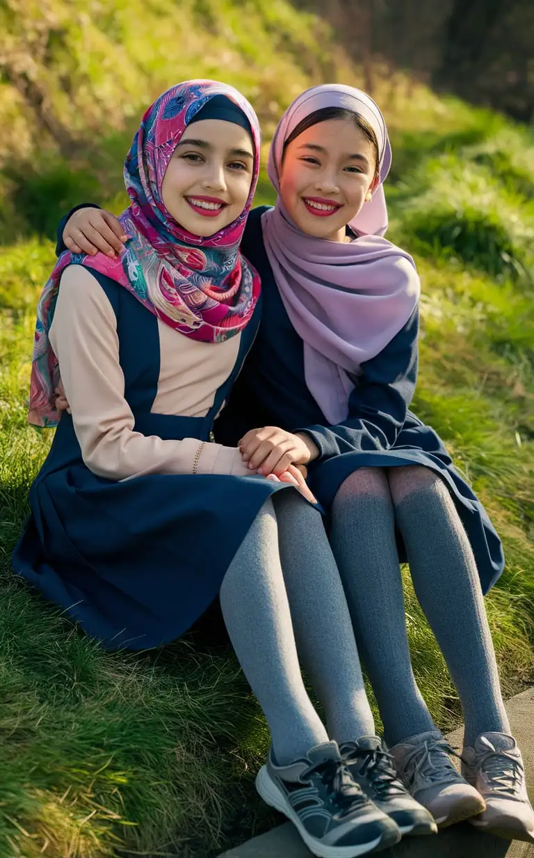 Two girls, 14 years old, hijab, tight blouse, navy blue
school skirt, gray opaque tights, sport shoes.  beautiful. Sits on the bank, pink plump lips
