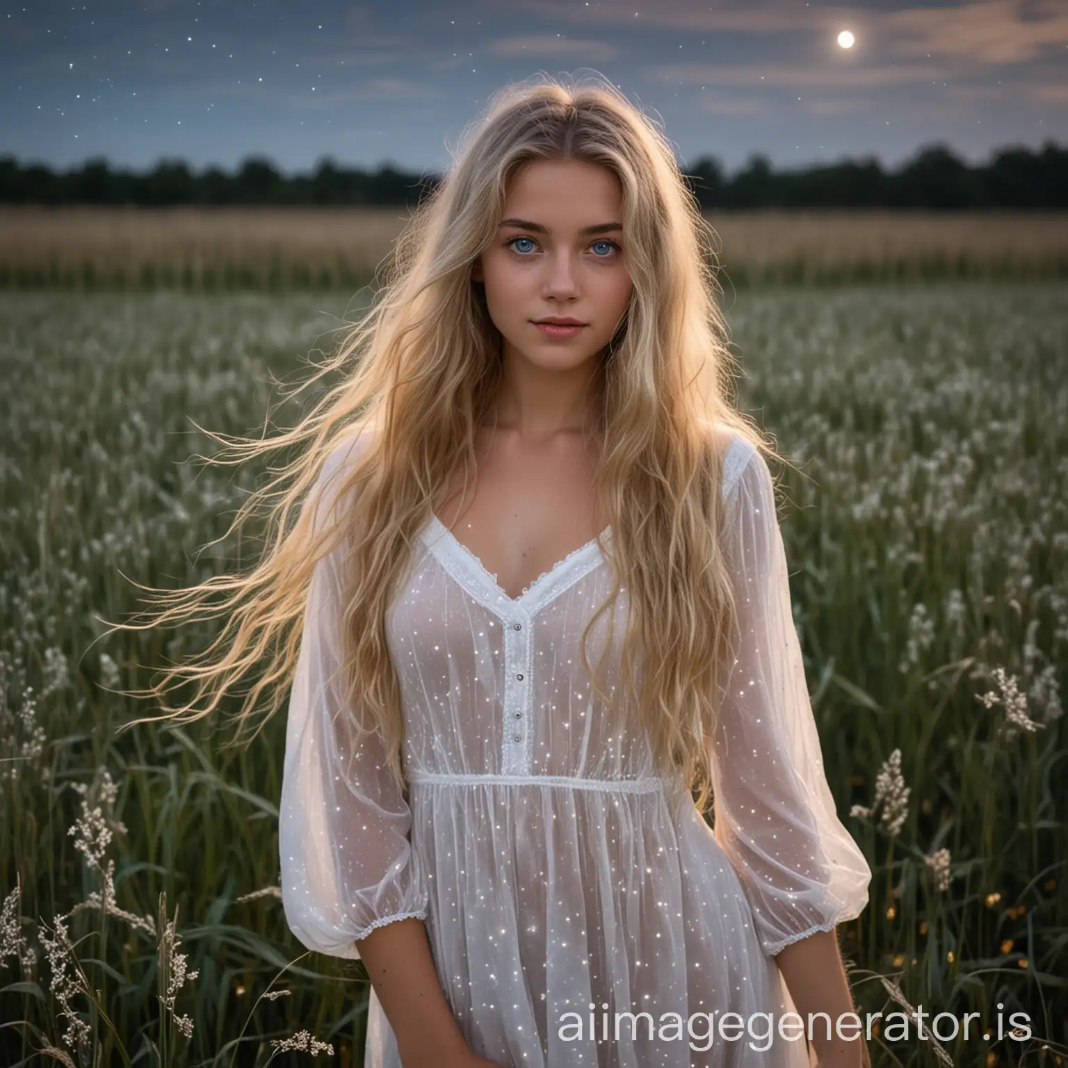 show a dutch girl in her twenties with long blonde bushy hair and shiny deep blue eyes wearing white transparant night dress on a starry night in a french country grass field