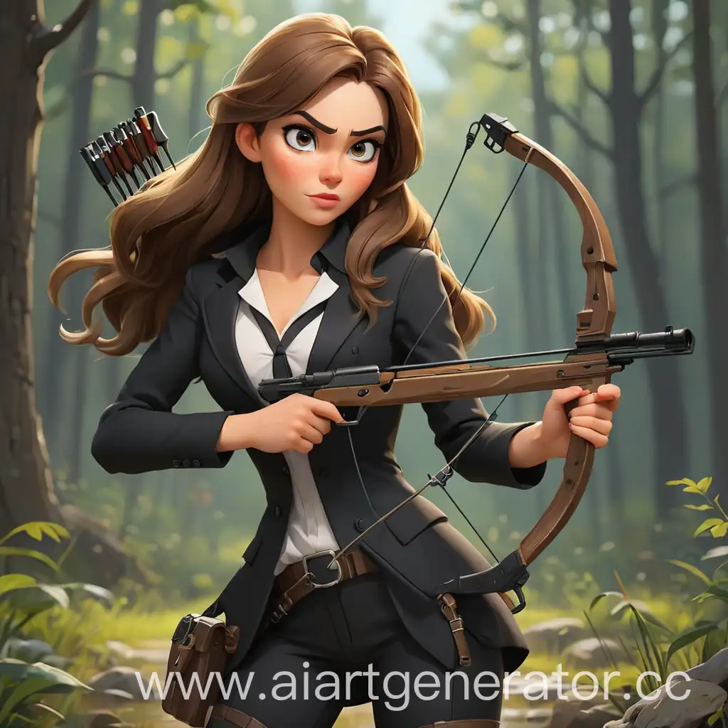 Cartoon-Woman-Hunting-with-Crossbow-in-Elegant-Black-Attire