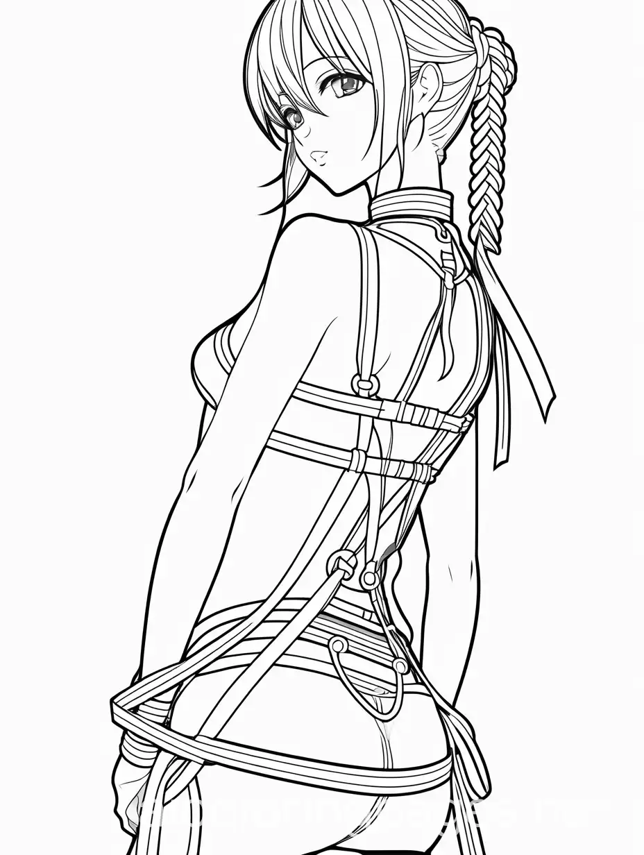 kinky bondage anime girl, Coloring Page, black and white, line art, white background, Simplicity, Ample White Space. The background of the coloring page is plain white to make it easy for young children to color within the lines. The outlines of all the subjects are easy to distinguish, making it simple for kids to color without too much difficulty