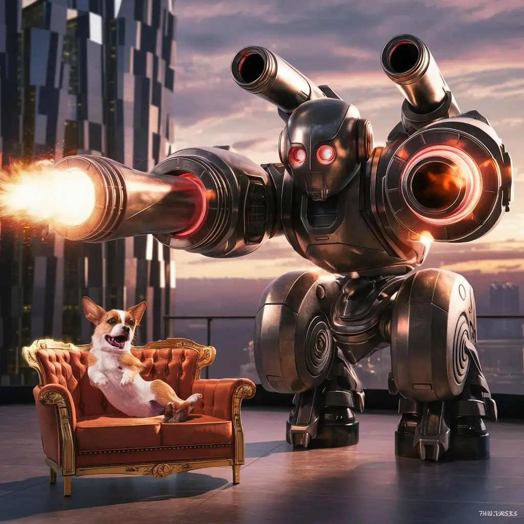 Robot with Dual Cannon Arms Targeting Dog on Couch