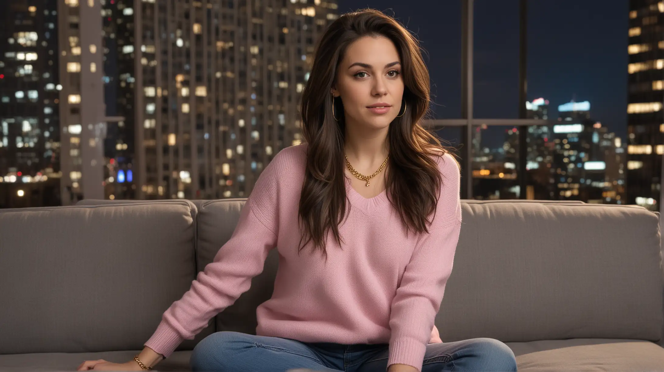 On the left is 30 year old white woman with long dark brown hair blowout style, wearing a pink sweater, gold necklace, blue jeans. She is sitting on a gray couch, urban high rise background at night.